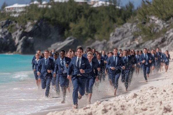 A large group of businesspeople wearing dark blue suits running on a beach in Bermuda