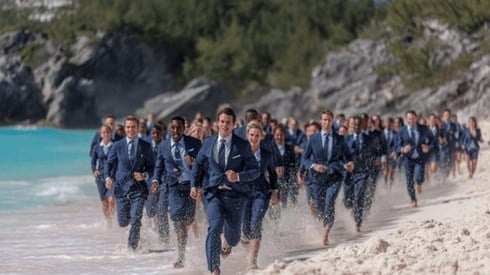 A large group of businesspeople wearing dark blue suits running on a beach in Bermuda
