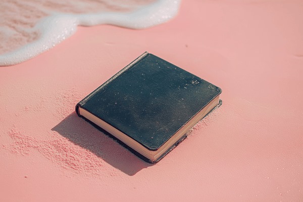 A black textbook on a Bermuda beach with pink sand