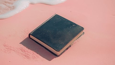 A black textbook on a Bermuda beach with pink sand