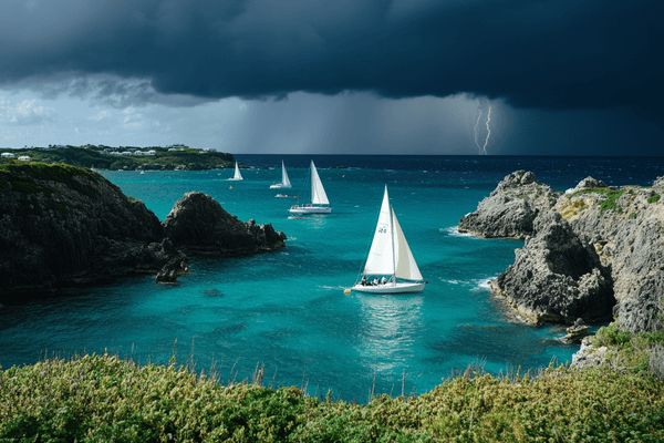 Sailboats off the coast of Bermuda with a thunderstorm on the horizon