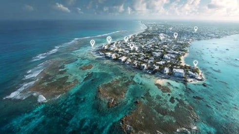 overhead view of Cayman Islands with digital white map markers superimposed over the island