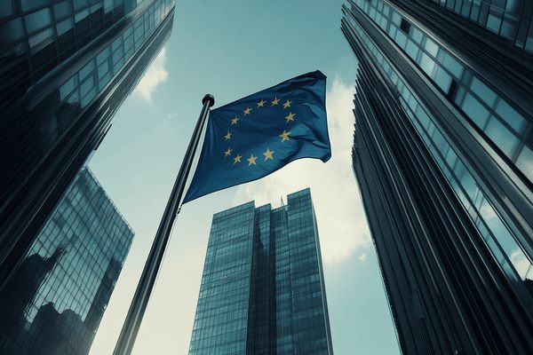 European Union flag in front of the headquarters