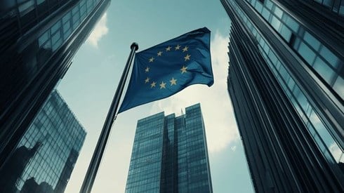 European Union flag in front of the headquarters