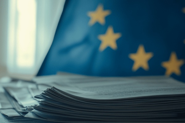 A stack of paperwork in front of the flag of the European Union
