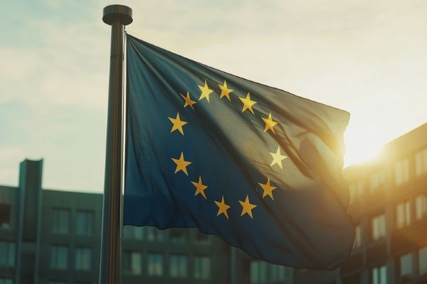 European Union flag in front of the Berlaymont Building in Brussels