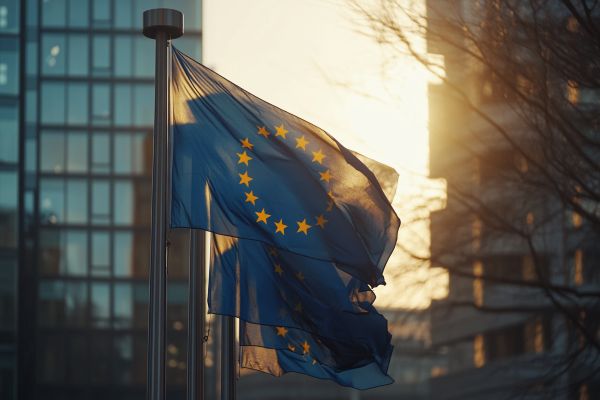 EU flags flying outside building during sunrise