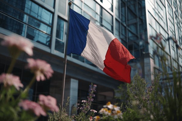 A French flag in front of an office building