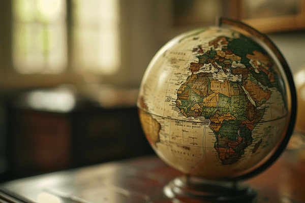 Globe focusing on Europe, Africa, and the Middle East sitting on a wooden table
