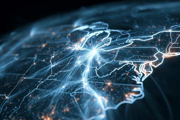A map of the Midwest with bright lines going out of the Chicago area to other parts of the country