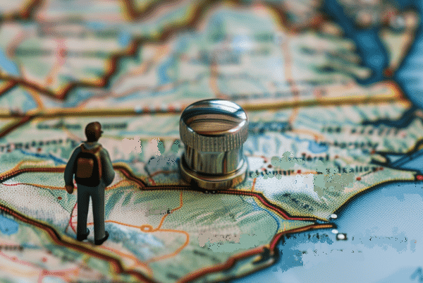 Map of North Carolina with a metal marker and toy backpacking man on it