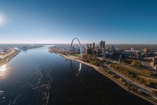 Bird's-eye view of downtown St. Louis, with the St. Louis Arch, during fall 