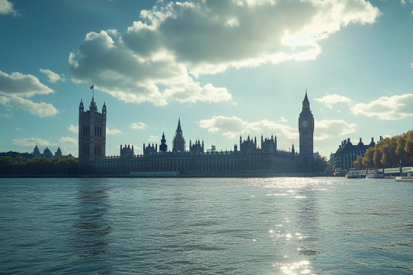 A view of the UK Parliament building from across the Thames River on a sunny day