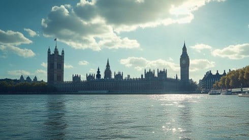 A view of the UK Parliament building from across the Thames River on a sunny day