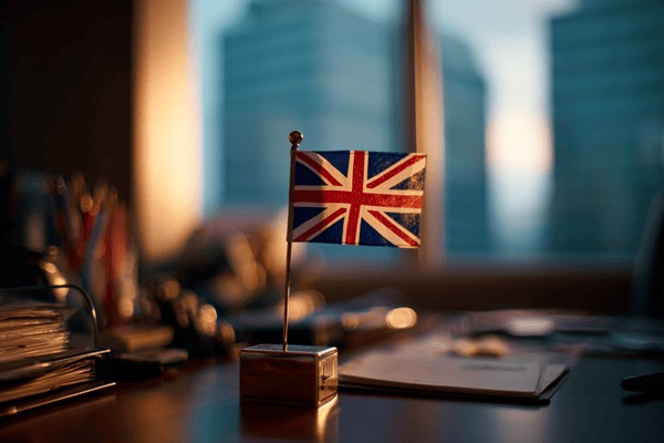 A tiny UK flag on an office desk