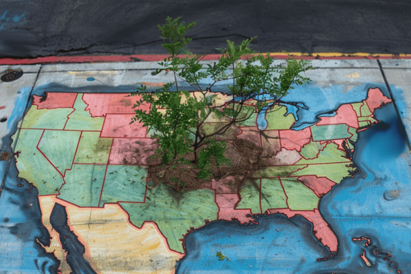 United States map drawn on a sidewalk using chalk