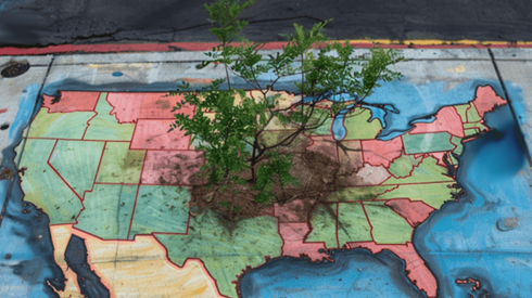 United States map drawn on a sidewalk using chalk