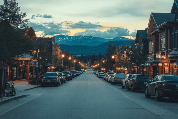 Main street of Whiefish, Montana, at dusk