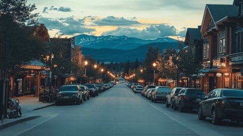 Main street of Whiefish, Montana, at dusk