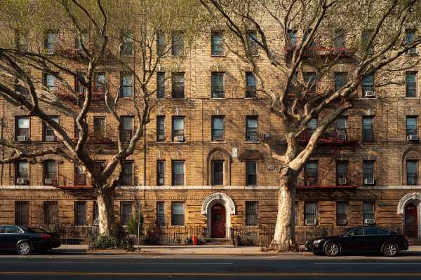 brown brick apartment building with two large trees and cars in front