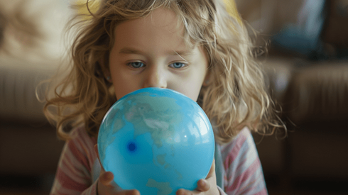 A little girl blowing up a balloon that has a globe printed on it