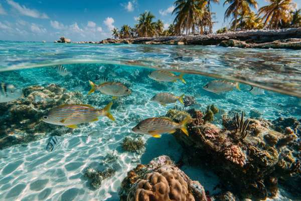 cross-section of a beach with half underwater and tropical fish below the top half of a shoreline with palm trees