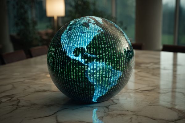 blue and green binary code globe of the earth on a marble conference table