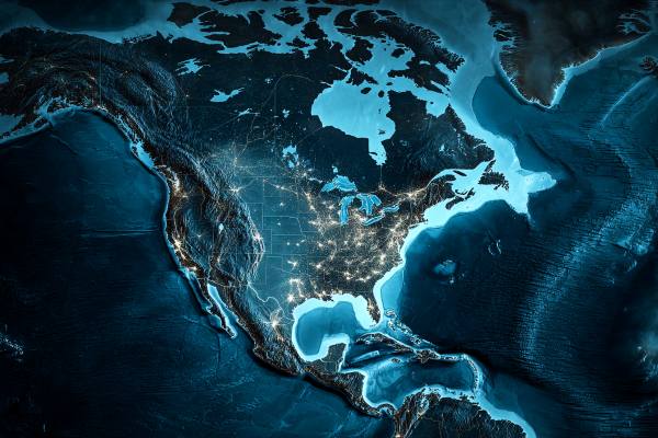 blue digital map of North America with highlights around Canada and the eastern Seaboard