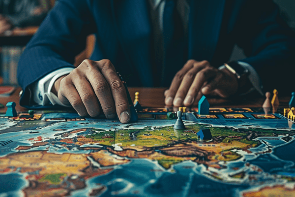 Businessman playing a board game that is a map of the world