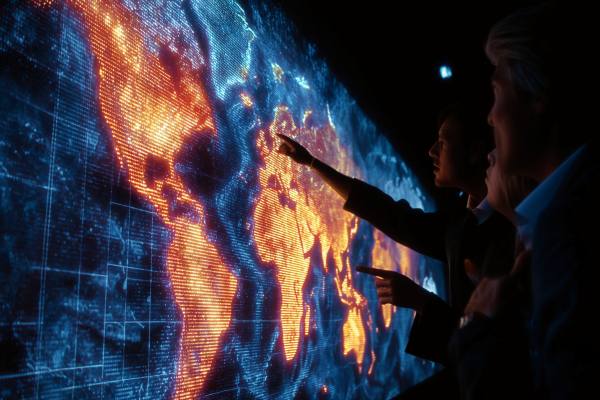 businesspeople pointing to a digital world map on the wall of a dark room
