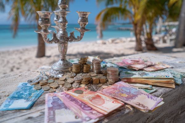 colorful Cayman Islands currency next to a silver candelabra on a beach with palm trees and blue water
