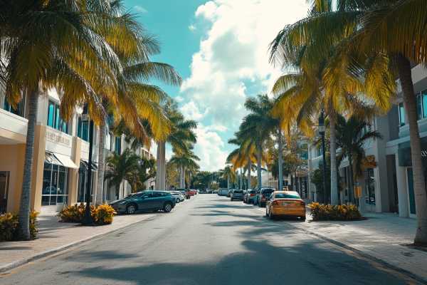 street of commercial businesses and cars in Cayman Islands