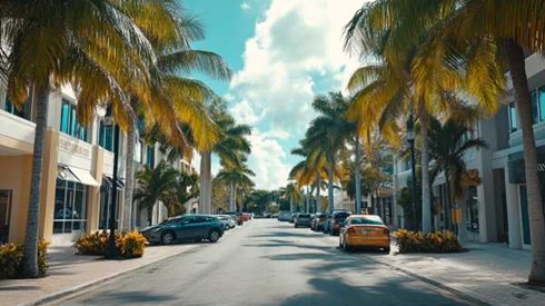 street of commercial businesses and cars in Cayman Islands