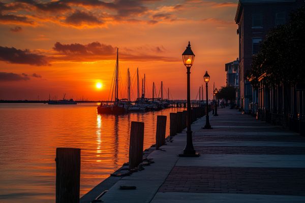 Charleston South Carolina harbor at sunset