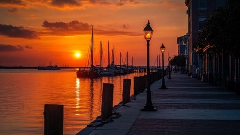 Charleston South Carolina harbor at sunset