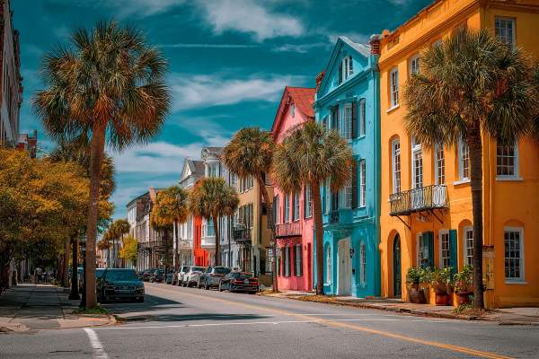 row of bright colorful houses on a street in Charleston, South Carolina