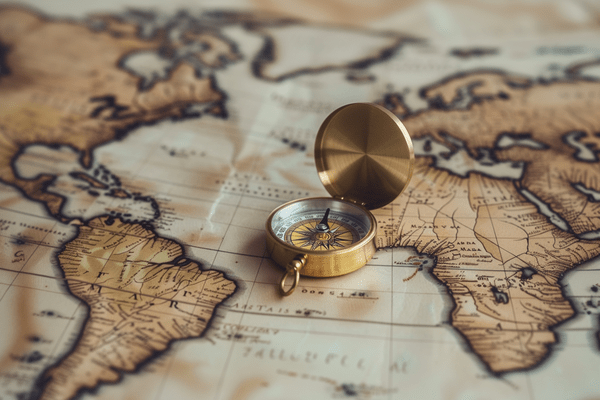A gold compass laying on top of a world map 