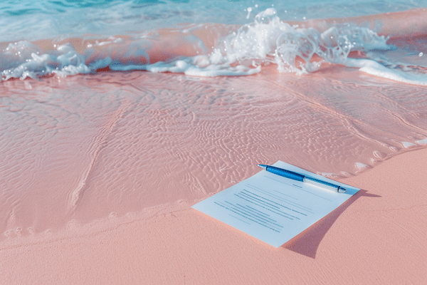 Contract and a pen laying on a beach in Bermuda