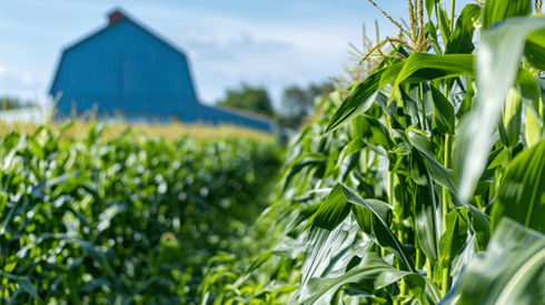 Cornfield with a blue barn in the background