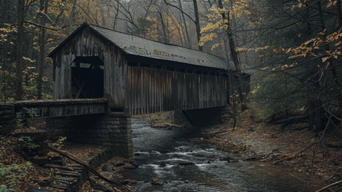 Wooden covered bridge in a forest crossing a stream