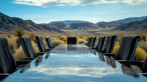 A conference table surrounded by leather chairs in the middle of the desert
