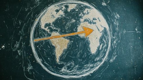 A drawing of the Earth with an orange arrow going across the equator