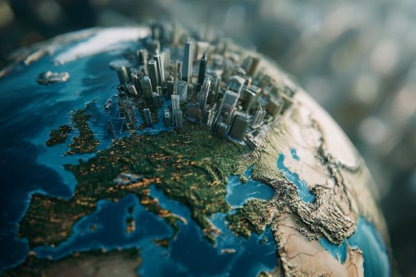 close up of a globe of the earth with tiny commercial buildings scattered over the top