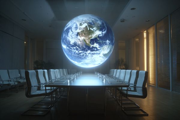 projected image of Earth hovering over a table in a darkened conference room