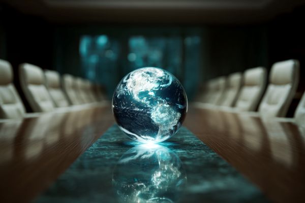 small globe of earth sitting on a conference table above a reflection in the marble