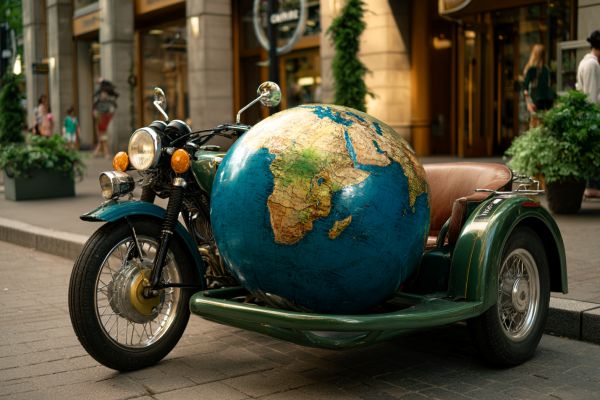 globe of the earth in a specialized sidecar of a motorcycle parked on a commercial street