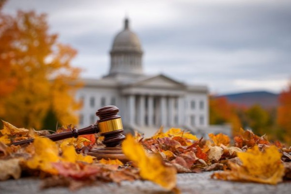 gavel in a pile of fall leaves in front of the Vermont capitol building