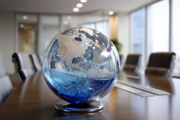 glass globe of the earth half filled with sloshing blue liquid on a conference table in an office