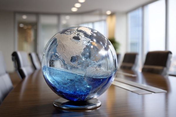 glass globe of the earth half filled with sloshing blue liquid on a conference table in an office