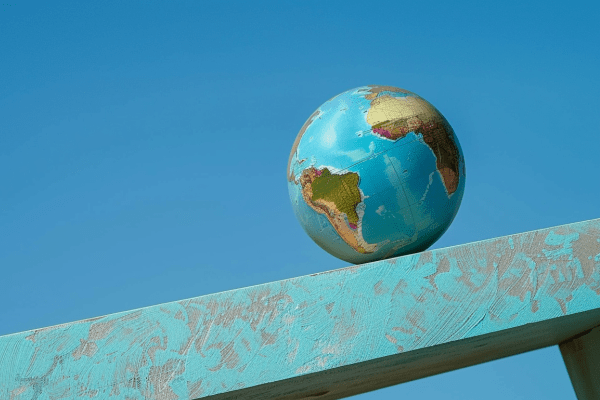 A globe rolling down a blue ramp